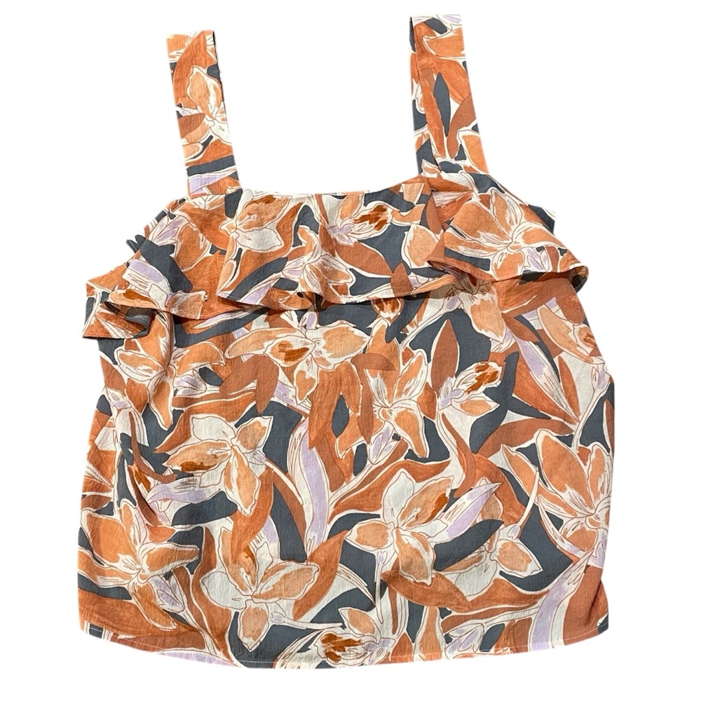 Nine West Floral Ruffle Tank Top - Orange and Gray